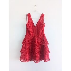 Adelyn Rae Red Tiered Floral Embroidered Flare Dress Size Medium